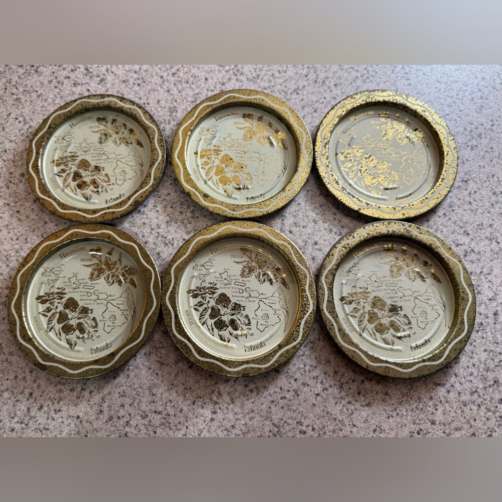 VINTAGE Set of 6 MCM Hawaiian Island Coaster Set Metal White & Gold Retro Hawaii